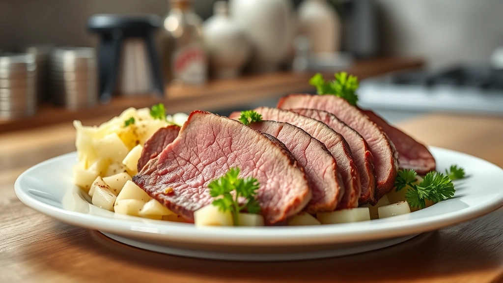 hero: sliced corned beef on white plate with boiled potatoes and cabbage, steam rising, fresh parsley garnish, warm kitchen lighting, shallow depth of field, professional plating