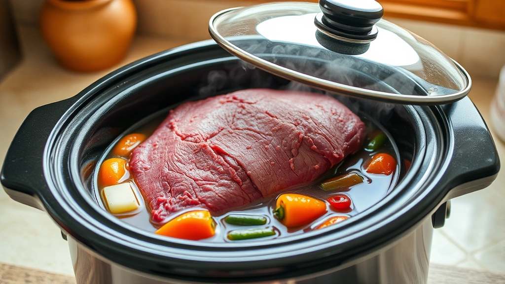 process: raw corned beef brisket in crock pot with vegetables and broth, vegetables arranged around meat, lid slightly lifted showing steam, natural kitchen light through window