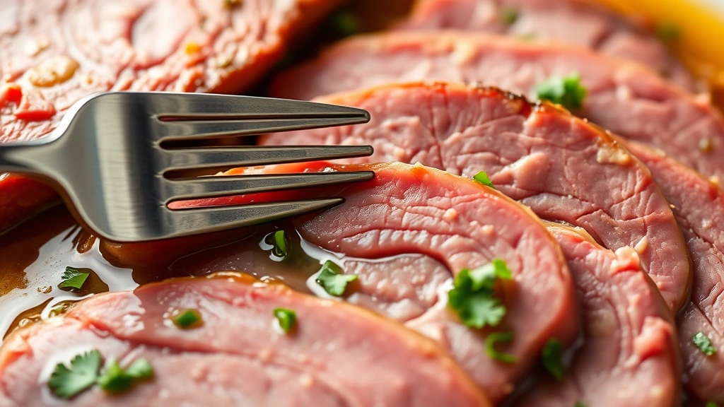 detail: close-up of sliced corned beef showing tender texture and marbling, fork piercing meat easily, glossy broth glistening, fresh parsley flakes visible, macro photography style