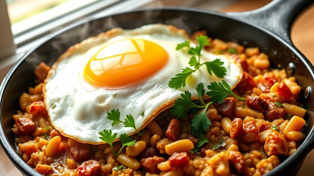 hero: golden crispy corned beef hash in cast iron skillet topped with perfectly cooked sunny side up egg and fresh parsley garnish, photorealistic, natural window light, steaming, no text