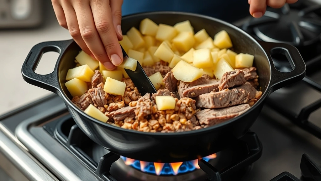 process: hands stirring diced potatoes and corned beef in cast iron skillet over stovetop flame, butter sizzling, photorealistic, natural kitchen light, no text