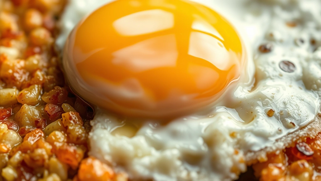 detail: close-up of crispy hash texture with caramelized edges and fluffy egg yolk breaking over top, photorealistic, natural light showing steam, no text