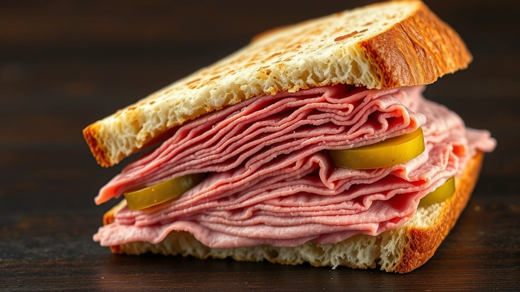 hero: perfectly sliced corned beef sandwich cut diagonally, showing layers of meat and pickles on rye bread, photorealistic, natural light from upper left, dark wooden surface, no text
