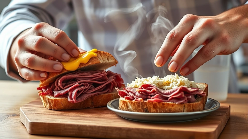 process: hands assembling corned beef sandwich, spreading mustard and horseradish on rye bread, warm steam visible, photorealistic, natural kitchen lighting, no text