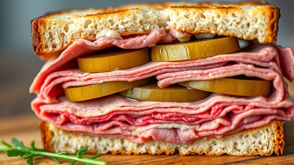 detail: close-up cross-section of finished corned beef sandwich showing layered corned beef, pickles, and condiments on rye bread, photorealistic, macro photography, natural light, no text