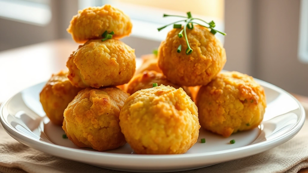 hero: golden crispy cornmeal balls stacked on white ceramic plate, garnished with fresh chives and thyme sprigs, warm natural window light, shallow depth of field, food photography style