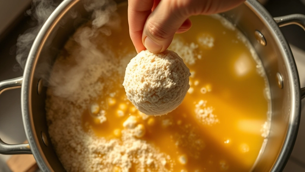 process: hand dropping cornmeal ball into bubbling hot oil in deep pot, golden splashes, steam rising, overhead angle, natural light from above, action shot
