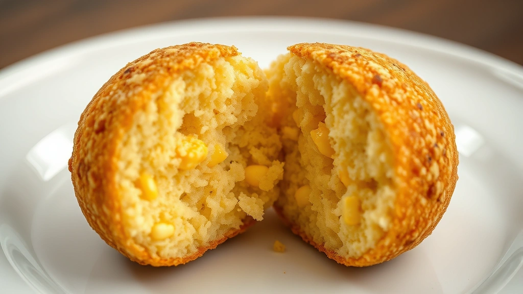 detail: cross-section of cornmeal ball showing creamy golden interior and crispy brown exterior, broken in half on white plate, close-up macro photography, natural light, food styling