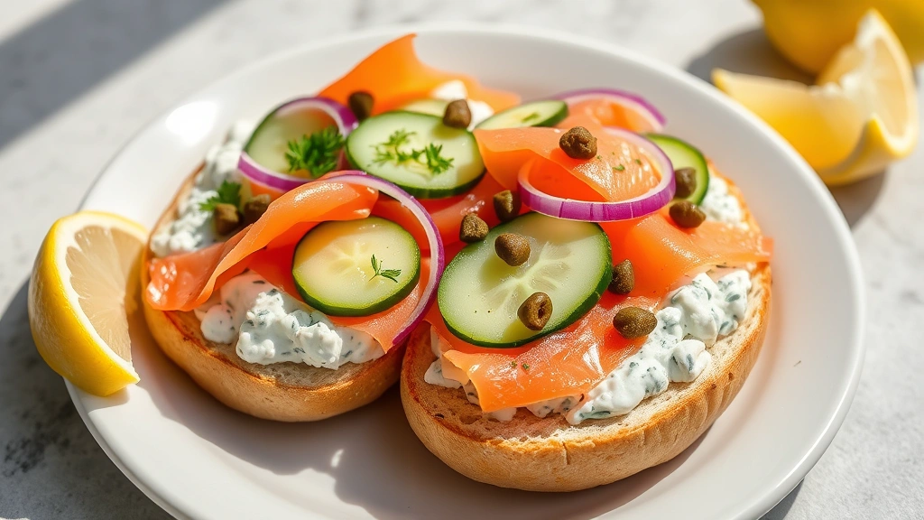 hero: two perfectly toasted bagels topped with creamy cottage cheese mixture, fresh herbs, smoked salmon, cucumber slices, red onion, and capers on a white ceramic plate, bright natural morning light, food styled with lemon wedges nearby