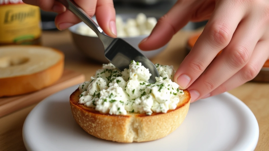 process: hands spreading herbed cottage cheese mixture onto a warm toasted bagel half, close-up action shot showing texture and consistency, natural kitchen lighting, ingredients visible in background