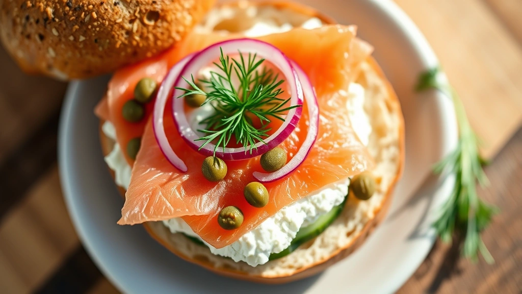 detail: close-up overhead shot of finished cottage cheese bagel showing layers of cottage cheese, smoked salmon, cucumber, red onion, capers, and fresh dill garnish, shallow depth of field, natural sunlight