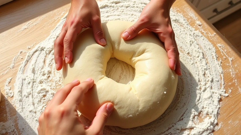 process: hands shaping bagel dough by poking thumb through center and stretching into ring, flour-dusted work surface, natural sunlight, close-up angle, no text