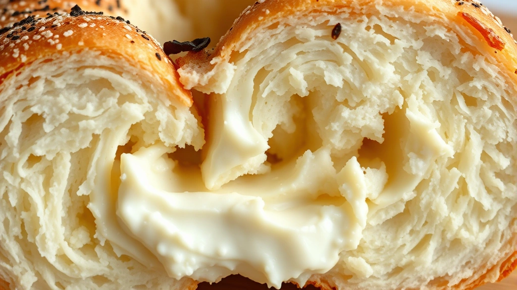 detail: cross-section of sliced cottage cheese bagel showing tender crumb structure and chewy interior, cream cheese spread visible, macro photography, natural light, no text