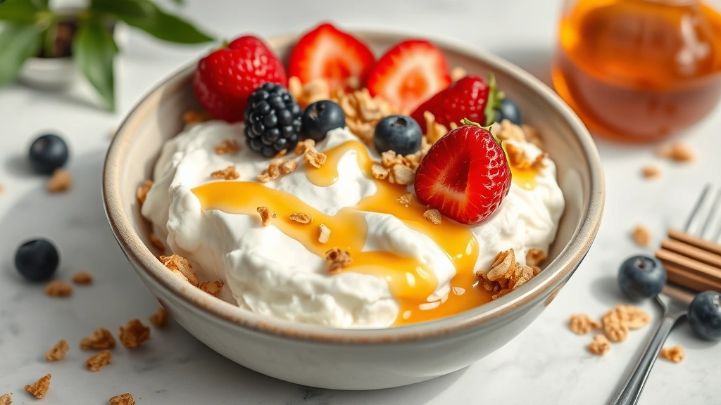 hero: beautiful cottage cheese breakfast bowl with fresh berries, granola, nuts, and honey drizzle in a ceramic dish, photorealistic, natural morning light, white marble background, no text