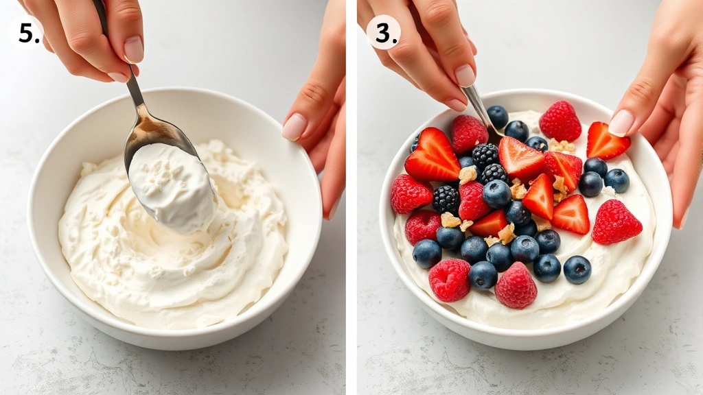 process: hands spooning cottage cheese into a white bowl, then arranging fresh berries and toppings on top, photorealistic, soft natural light, no text