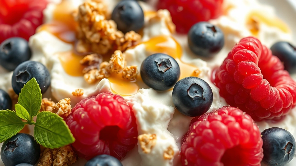 detail: close-up macro shot of cottage cheese texture with fresh raspberries and blueberries, granola clusters, and honey drizzle, photorealistic, natural light, shallow depth of field, no text