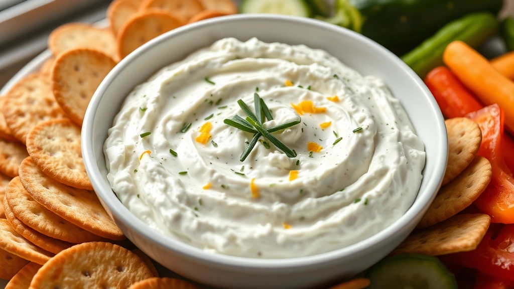 hero: creamy cottage cheese dip in white bowl with fresh chives and lemon zest garnish, surrounded by crackers and fresh vegetables like cucumber and bell peppers, photorealistic, natural window light, no text