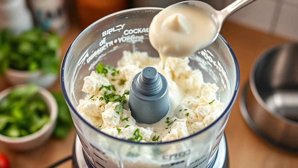 process: food processor blending cottage cheese mixture with fresh herbs visible, sour cream being added, photorealistic, bright kitchen light, no text