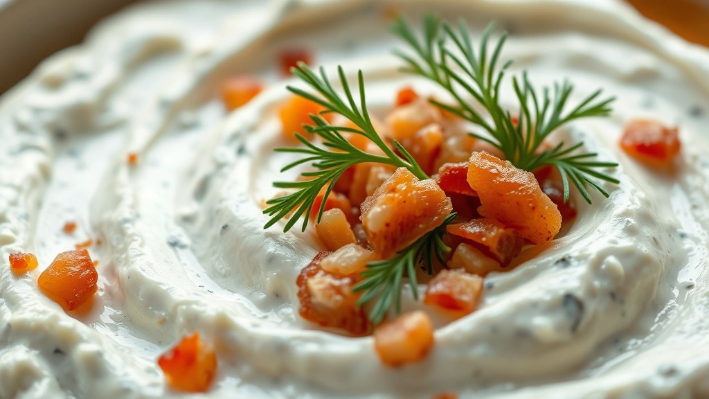 detail: close-up of smooth creamy cottage cheese dip texture with crispy bacon crumbles and fresh dill garnish, photorealistic, macro photography, natural light, no text