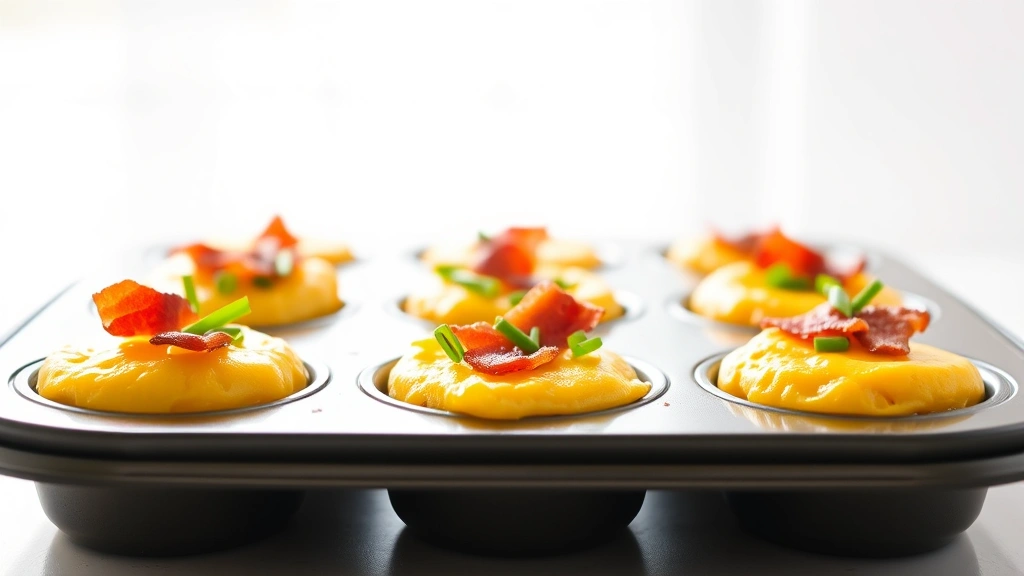 hero: golden-brown cottage cheese egg bites in a muffin tin, fresh from the oven, topped with fresh chives and crispy bacon pieces, warm steam rising, professional food photography, natural window light, clean white background, appetizing and inviting