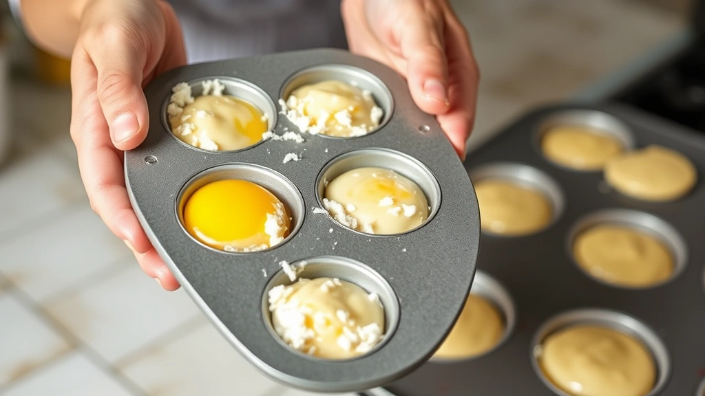 process: hands holding a muffin tin filled with raw egg and cottage cheese mixture ready for baking, showing the texture and consistency, natural kitchen lighting, in-progress baking shot, clear and instructional