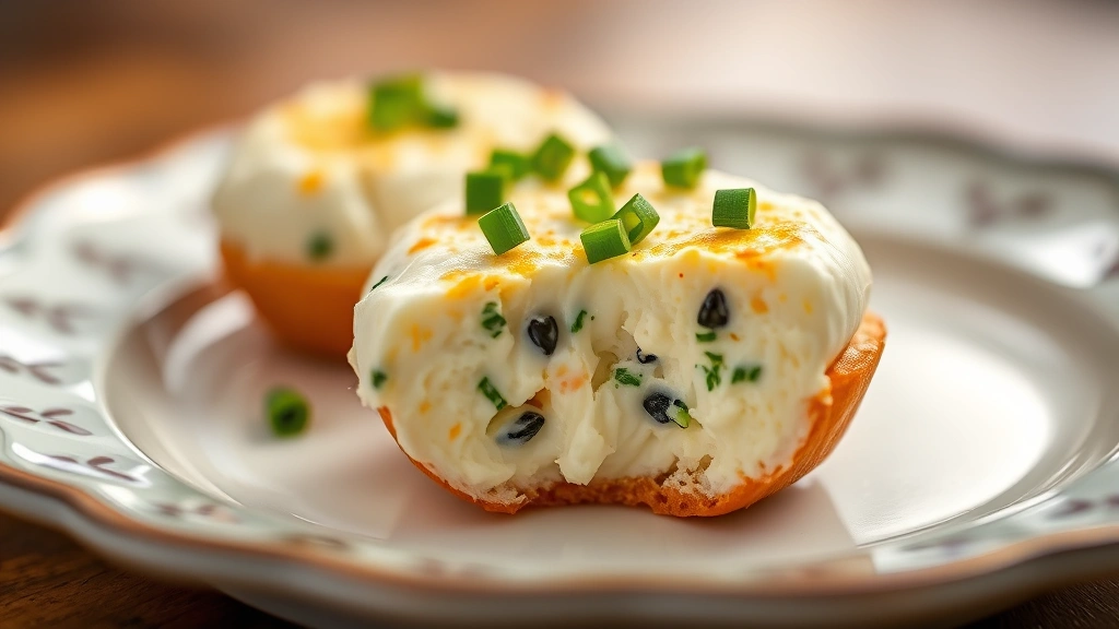 detail: close-up macro shot of a single cottage cheese egg bite on a plate, cross-section visible showing creamy texture and mix-ins, garnished with fresh chives, shallow depth of field, warm natural lighting, food styling with elegant plate