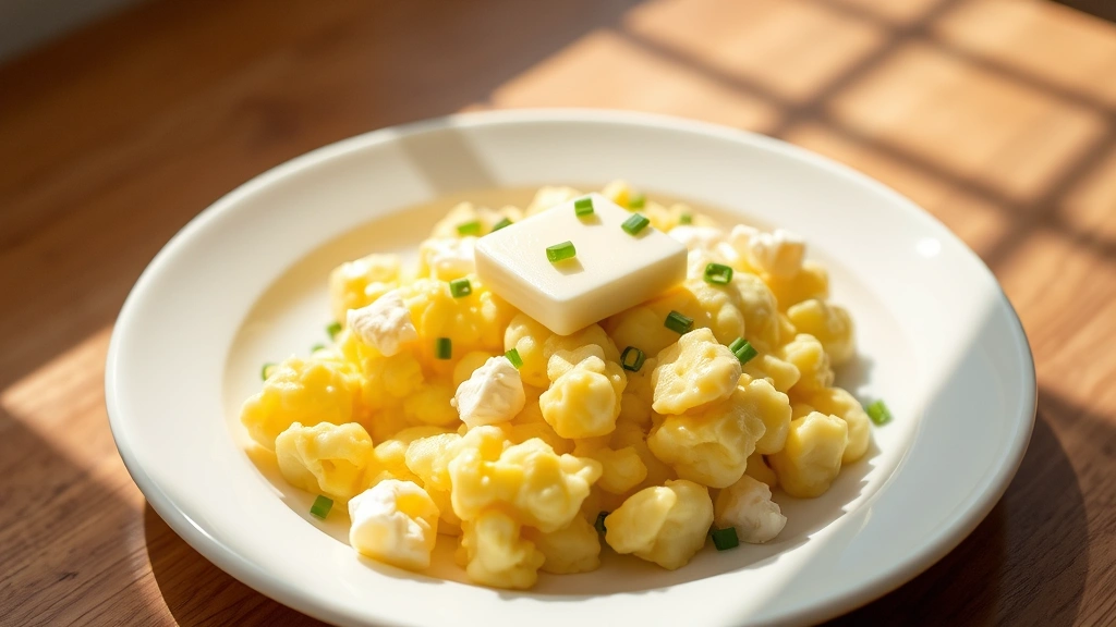 hero: fluffy pale yellow scrambled eggs with cottage cheese curds on a white ceramic plate, topped with fresh green chives and a pat of melting butter, natural morning sunlight streaming across the plate, minimalist plating, no text or watermarks