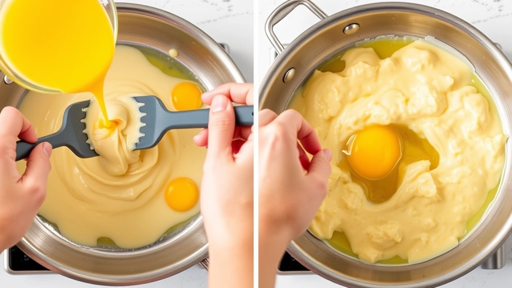 process: hands stirring creamy egg mixture in a stainless steel skillet with a silicone spatula, golden butter coating the pan, eggs transforming from liquid to soft curds, natural kitchen lighting, close-up side angle, no text