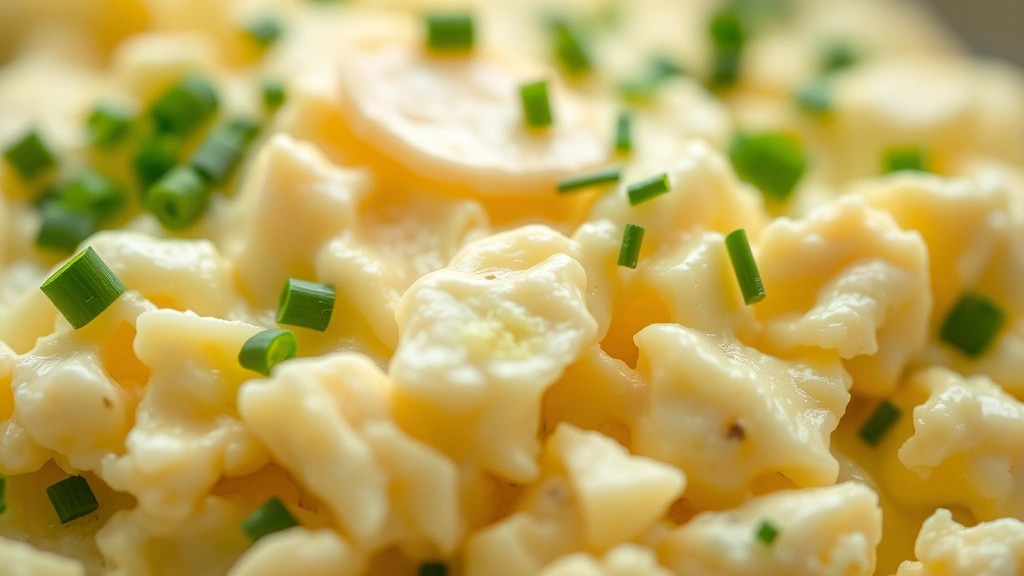 detail: close-up macro shot of creamy scrambled cottage cheese eggs with visible soft curds, fresh chives scattered on top, slight sheen from butter, shallow depth of field, professional food photography style, no text
