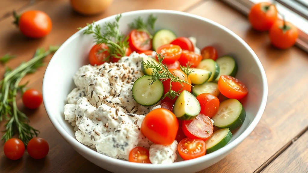 hero: beautiful cottage cheese salad in white bowl, colorful fresh vegetables including cherry tomatoes and cucumber, creamy cottage cheese base, sprinkled with seeds and fresh dill, photorealistic, natural window light, no text, styled on wooden table