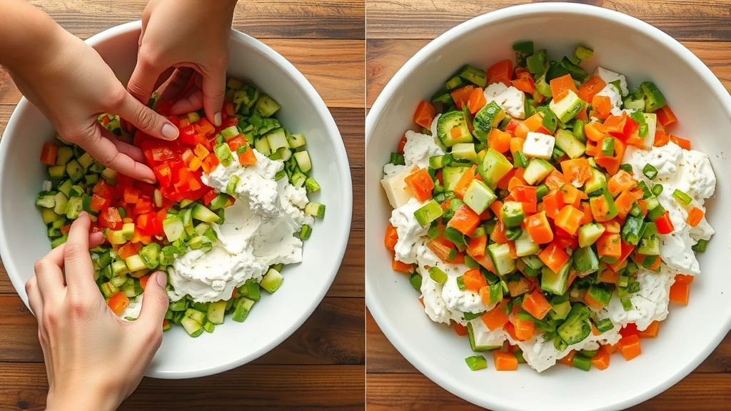 process: hands tossing fresh diced vegetables in large white mixing bowl, cottage cheese being topped with vegetable mixture, photorealistic, natural light, overhead angle, no text