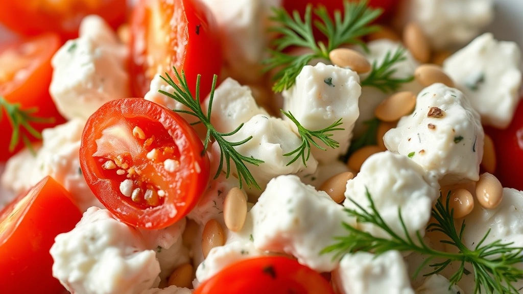 detail: close-up of cottage cheese salad showing texture, individual cherry tomato halves, creamy curds, fresh dill garnish and sunflower seeds, photorealistic, shallow depth of field, natural light, no text