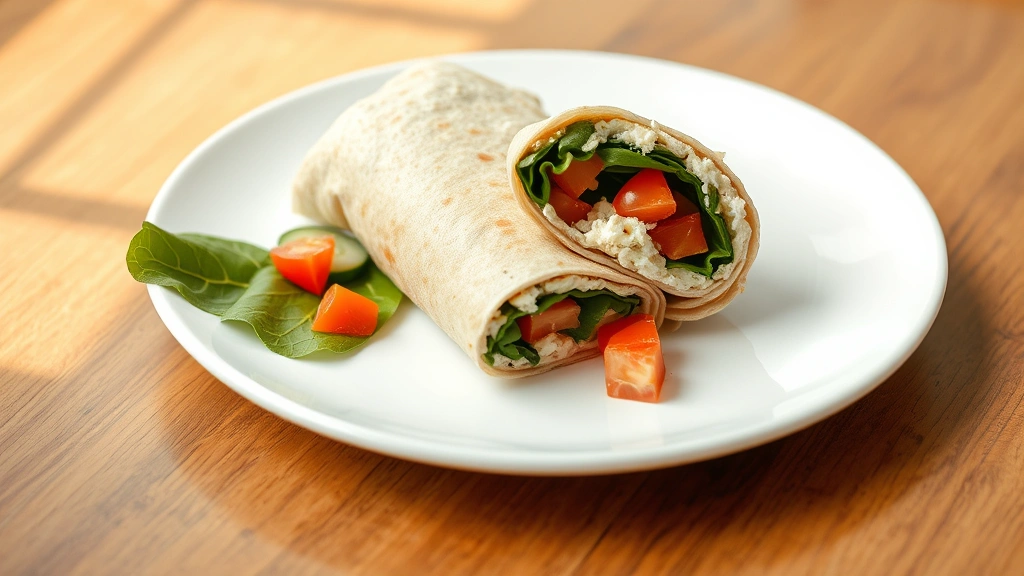 hero: perfectly rolled cottage cheese wrap on white plate, fresh spinach peeking out, diced tomatoes and cucumbers visible, natural sunlight from left, wooden table surface, no text or watermarks