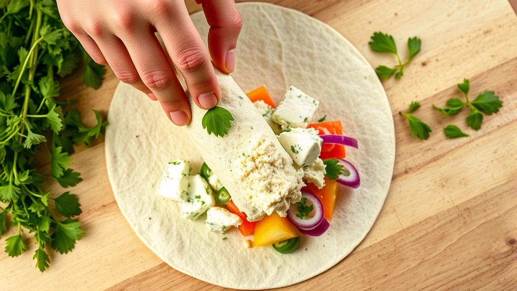 process: hands rolling cottage cheese wrap with vegetables, cottage cheese mixture spread on tortilla, fresh herbs scattered nearby, natural kitchen lighting, overhead angle, no text