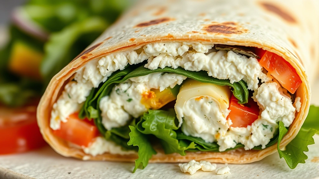 detail: close-up cross-section of cottage cheese wrap showing layers of creamy filling, fresh vegetables, and greens, shallow depth of field, natural light, no text