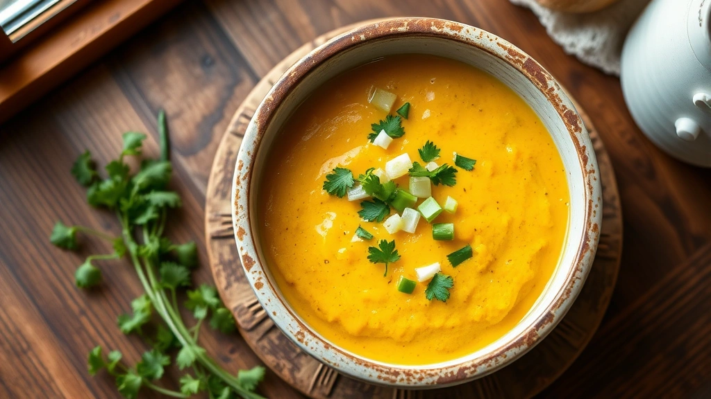 hero: overhead shot of creamy yellow coucou in a rustic white bowl, topped with fresh cilantro and green onions, steam rising, warm Caribbean setting, natural window light, wooden table background