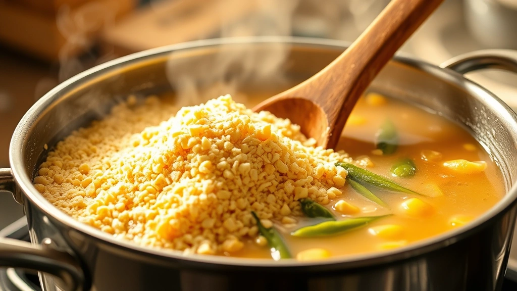 process: close-up of cornmeal being stirred into boiling broth with okra visible, wooden spoon mid-stir, steam visible, golden-lit kitchen setting, no people