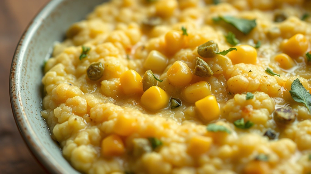 detail: extreme close-up of finished coucou texture showing creamy polenta-like consistency with corn kernels, okra pieces, and fresh herbs visible, shallow depth of field, warm lighting