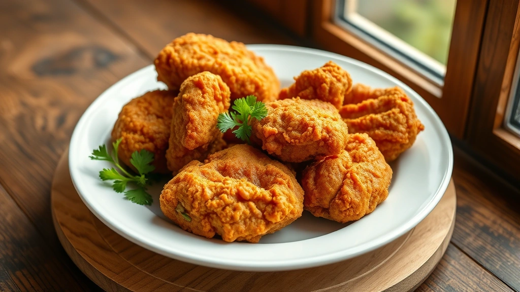 hero: golden-brown country fried chicken pieces on white plate with fresh parsley garnish, natural window light, rustic wooden table background, photorealistic, appetizing presentation, no text