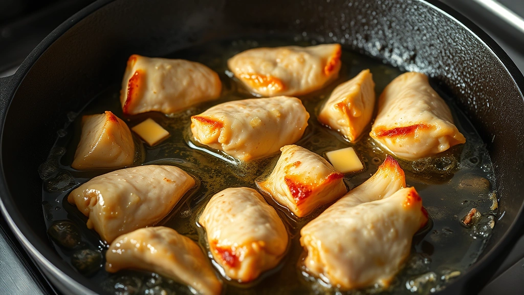 process: cast iron skillet with chicken pieces frying in oil and butter, golden crust forming, bubbling oil, professional kitchen lighting, photorealistic, mid-cooking action shot, no text