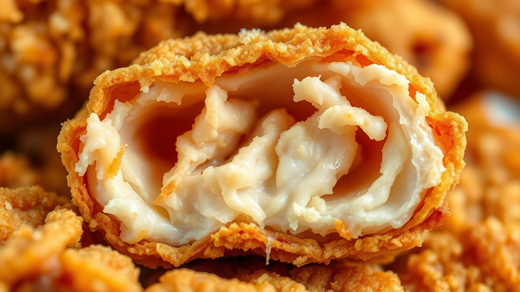 detail: close-up cross-section of crispy fried chicken showing crunchy golden coating and juicy tender meat inside, photorealistic macro photography, natural diffused light, no text
