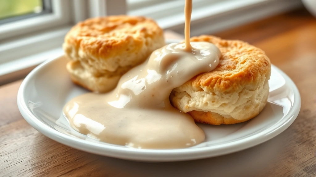 hero: creamy country gravy poured over warm buttered biscuits on a white plate, photorealistic, natural window light, no text