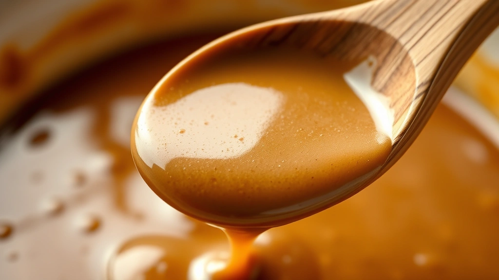 detail: close-up of silky country gravy coating the back of a wooden spoon, photorealistic, natural light, no text