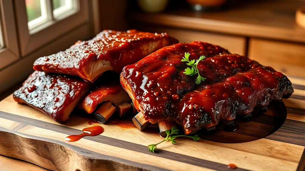hero: platter of glazed country-style pork ribs, caramelized mahogany exterior, meat pulled back from bones, served on rustic wooden cutting board with fresh herbs garnish, natural window light, cozy kitchen setting, inviting and appetizing