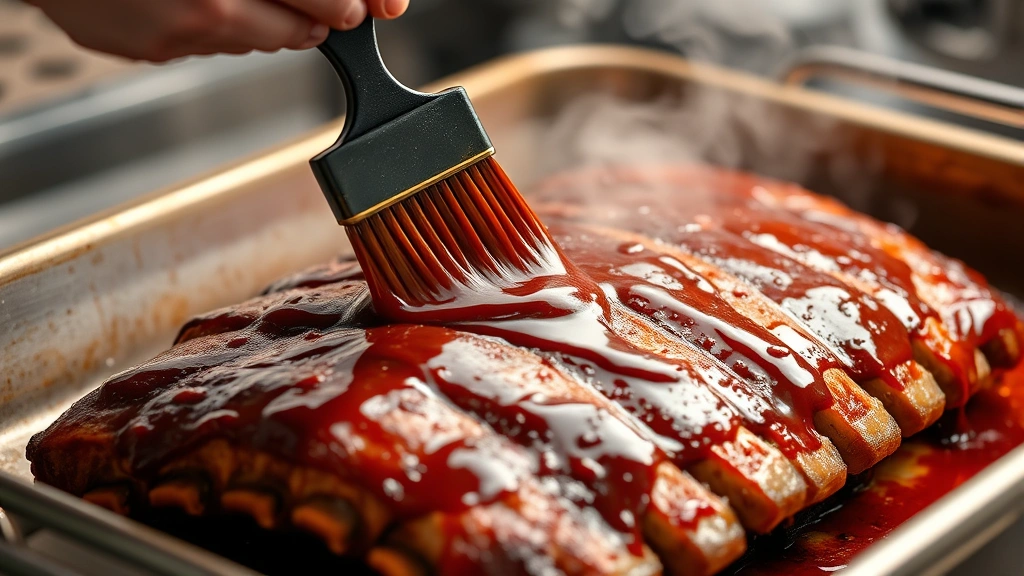 process: hands brushing glossy barbecue glaze over ribs in baking pan, golden-brown caramelized edges, steam rising, professional kitchen lighting, close-up action shot showing technique