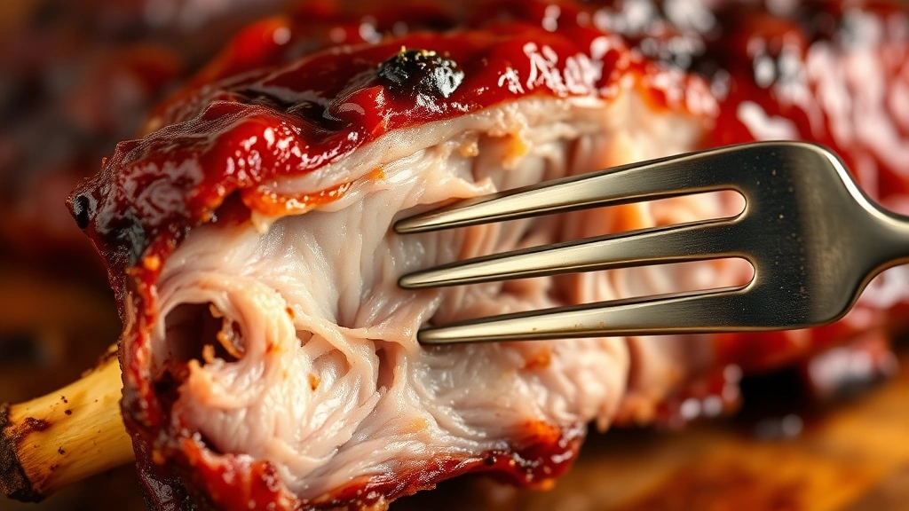 detail: close-up of perfectly cooked pork rib showing tender meat texture, caramelized glaze coating, bone visible, fork easily piercing meat, warm golden lighting, shallow depth of field focusing on meat quality