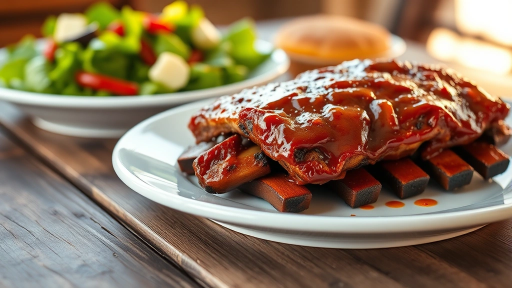 hero: plated country ribs with caramelized glaze on white ceramic plate, blurred green salad and cornbread in background, golden afternoon sunlight streaming across plate, rustic wooden table surface