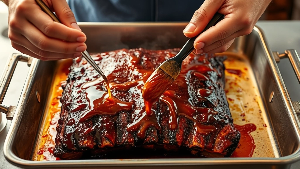 process: hands brushing glossy amber glaze onto ribs in metal baking pan, caramelized meat visible, brush dripping glaze, steam rising, warm kitchen lighting