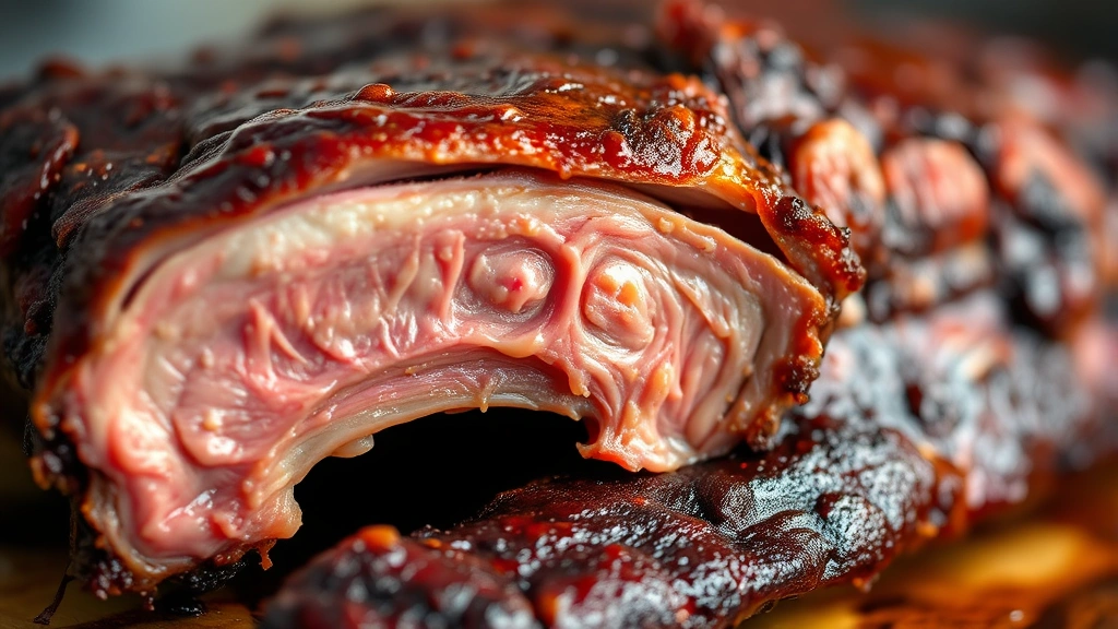 detail: close-up cross-section of cooked country rib showing pink smoke ring and tender meat pulling from bone, glistening glaze coating surface, shallow depth of field, warm natural light
