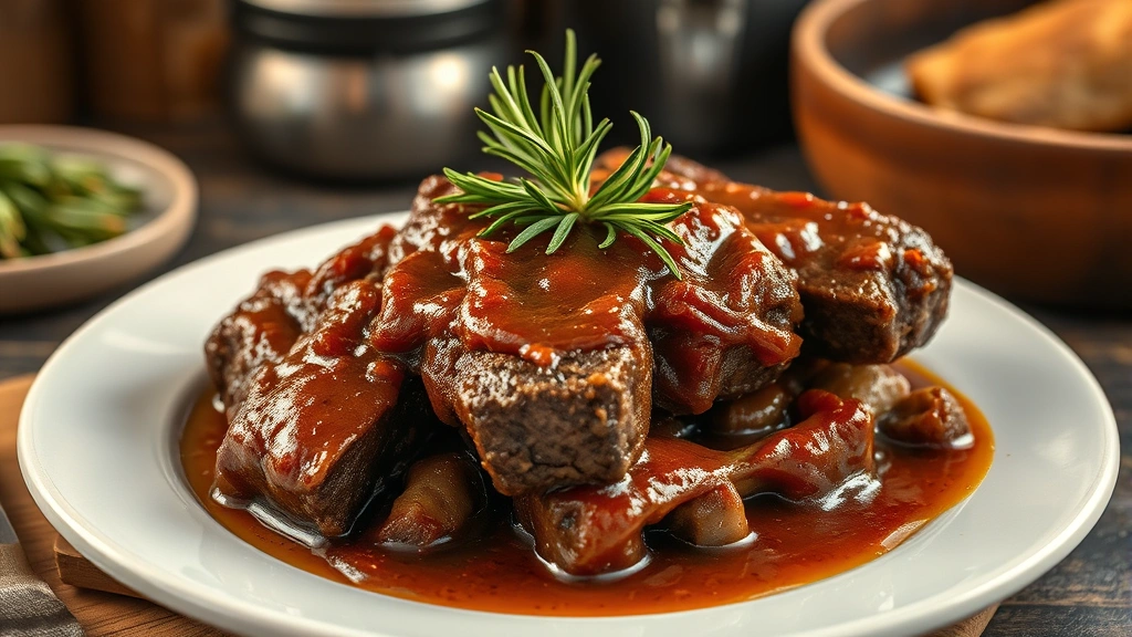 hero: plated country style beef ribs with braised sauce, fresh rosemary garnish, warm golden lighting, rustic white plate, cozy farmhouse setting, photorealistic, no text